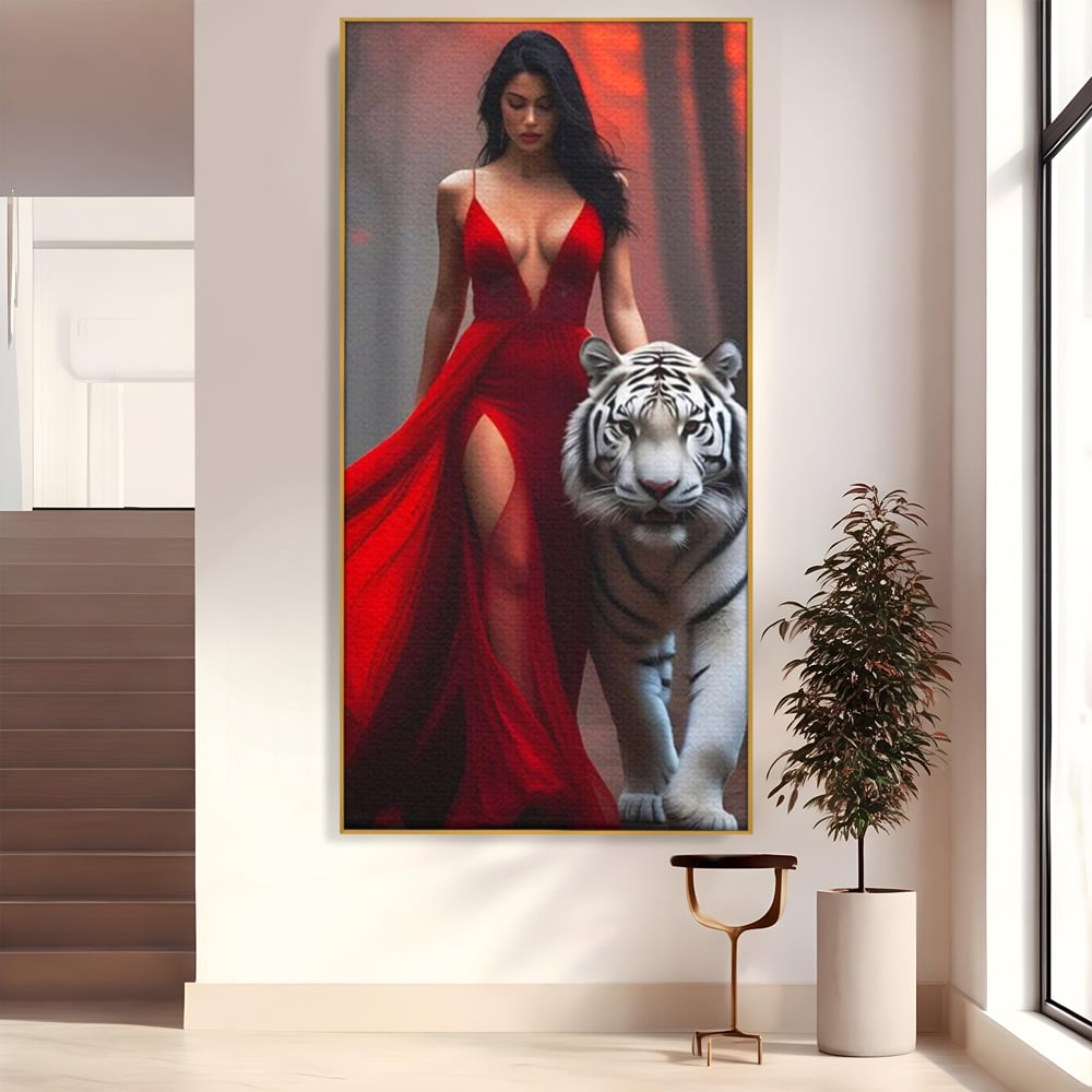 Tablou canvas cu tablou canvas cu femeie si tigru alb, in rama de aluminiu auriu